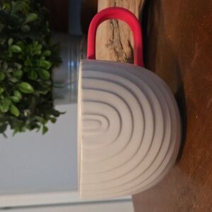 Starbucks Ceramic  Art Deco Coffee Mug White with Pink Handle